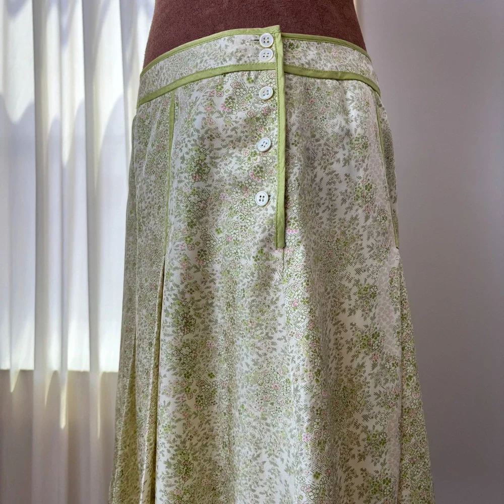90s Vintage Ann Taylor Silk Skirt 8P Green Floral A Line Cottage Fairy Coquette